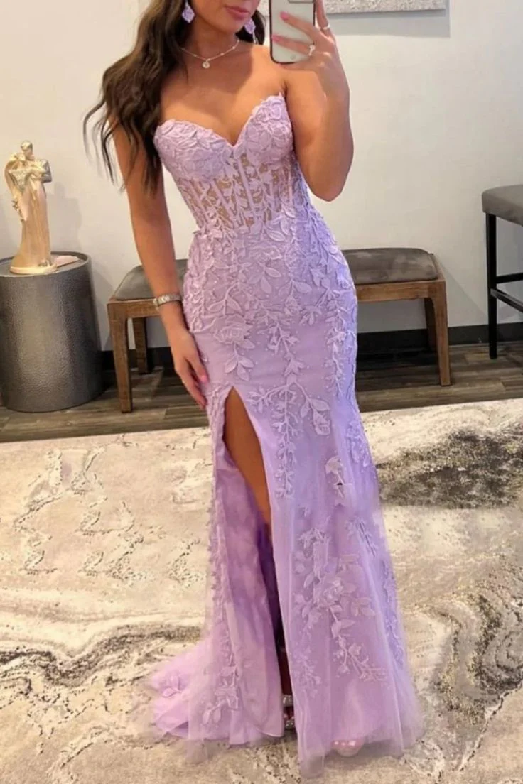 Pretty Mermaid Strapless Corset Lace Prom Dress with Slit DP295 - Deanwangkt