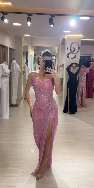 Elegant Sheath Strapless Pink Sequin Slit Long Prom Dresses Party Dress 22th Birthday Outfits Graduation Dresses DH2314 - Deanwangkt