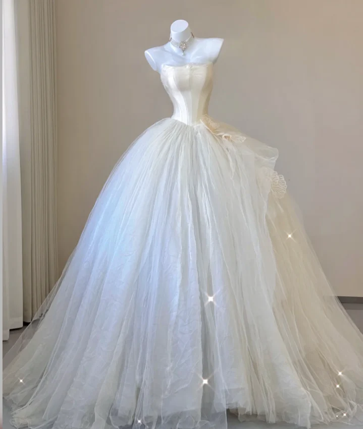 Elegant Ball Gown Strapless Tulle Satin Wedding Dresses Long Brides Dress P0006 - Deanwangkt
