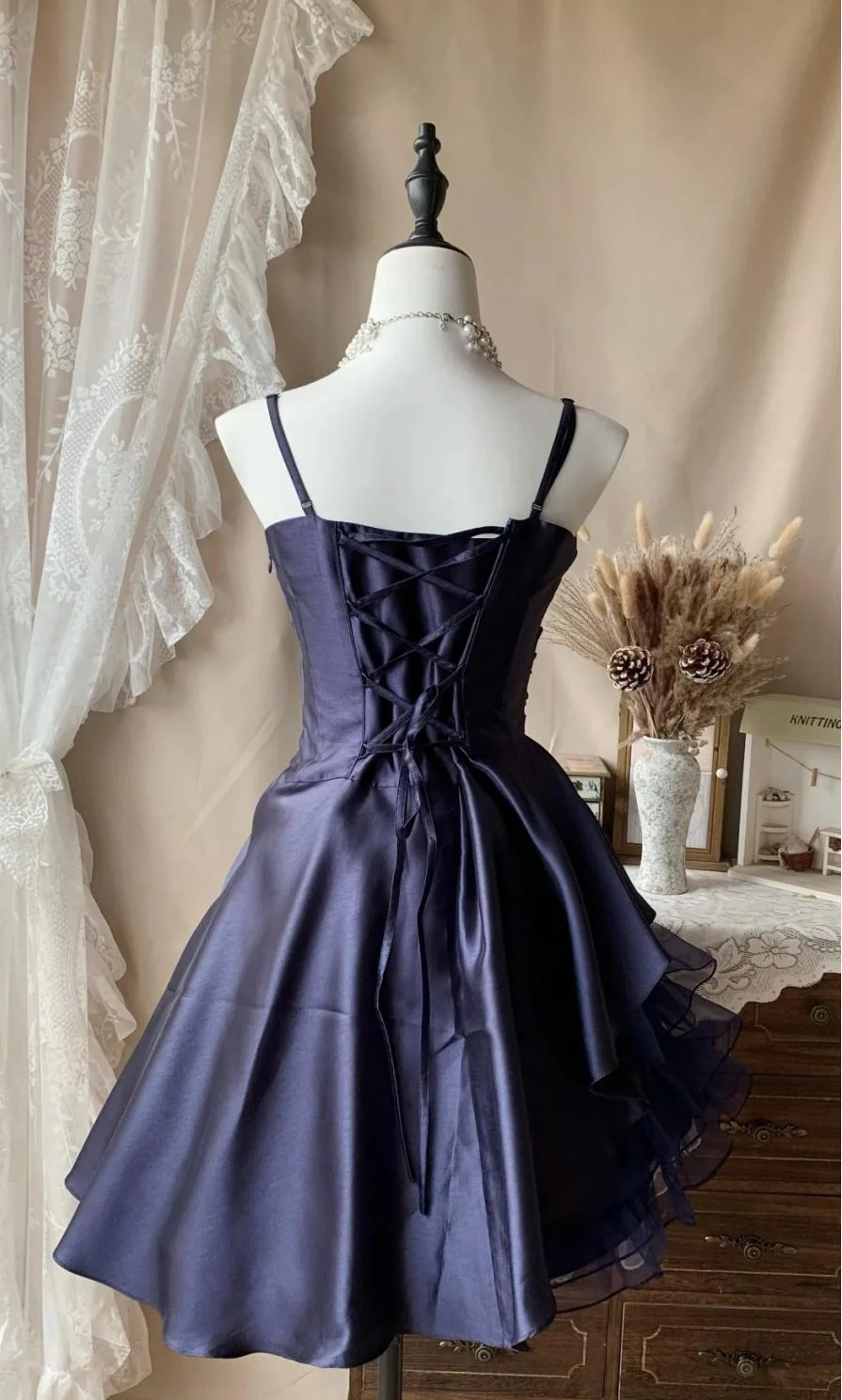 Cute A-Line Short Prom Dresses Spaghetti Straps Satin Birthday Dresses, Navy Blue Homecoming Dresses DP3002 - Deanwangkt