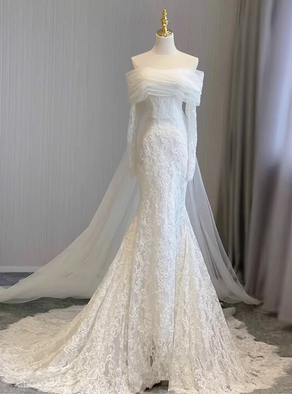 Dreamy Wedding Dresses A-Line Notch lapel collar Long Sleeve Court Train Summer Brides Dress DP608 - Deanwangkt