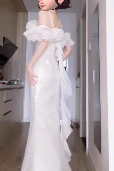 Stunning Sheath Spaghetti Strap Evening Gown White Formal Dress Sparkly Sequin Birthday Dress DP2796 - Deanwangkt