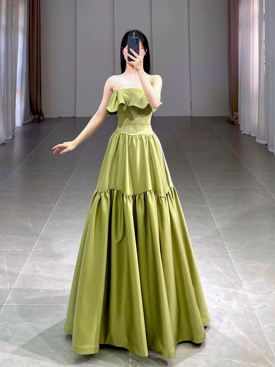 Classy Ball Gown Strapless Satin Olive Green Evening Dress Long Prom Dresses H2870 - Deanwangkt