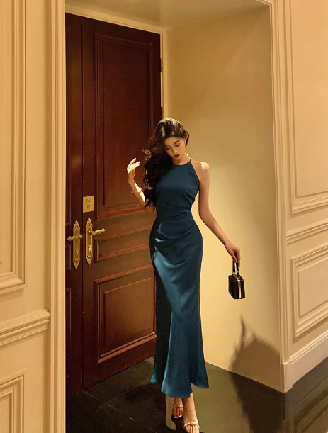 Pretty Mermaid Halter Navy Blue Satin 18th Birthday Dress Party Birthday Outfits For Women DP0167 - Deanwangkt