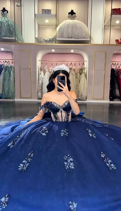 Fairy Off-the-shoulder Long Ball Gown Elegant Navy Blue Quinceanera Dress Beaded Tulle Sweet 16 Dress DP2857 - Deanwangkt