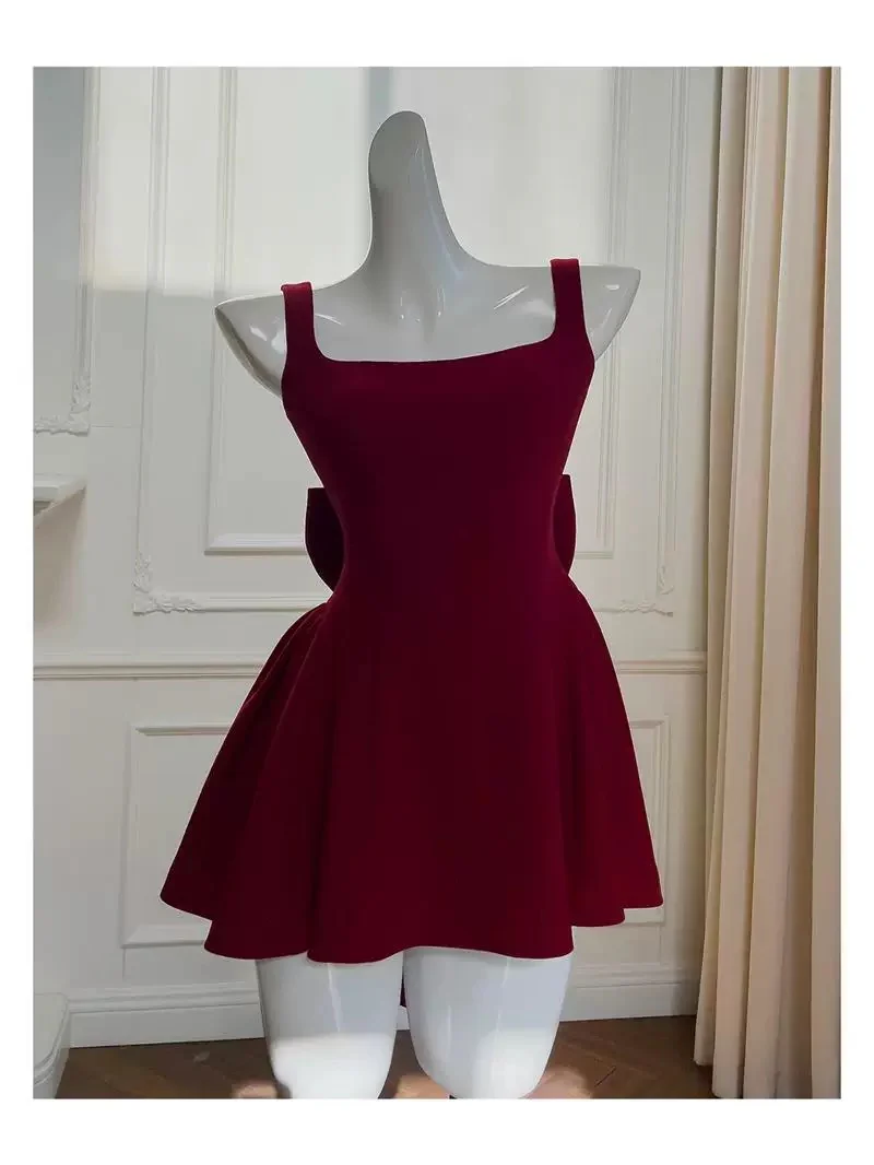 Trendy A line Square Burgundy Satin Sleeveless Formal Short 8th Grade Homecoming Dress Summer Middle School Hoco Dresses Cocktail Dress Birthday Outfits W922 - Deanwangkt
