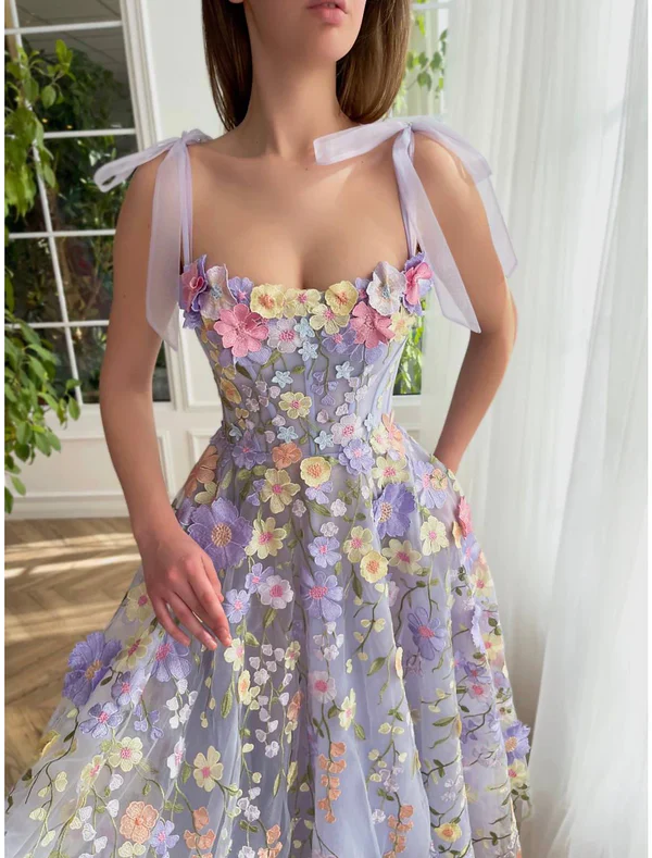 Elegant A-Line Corsets Dress Wedding Guest Summer Tea Length Sleeveless Prom Dress Scoop Neck Bridesmaid Dress Tulle with Appliques DP251 - Deanwangkt