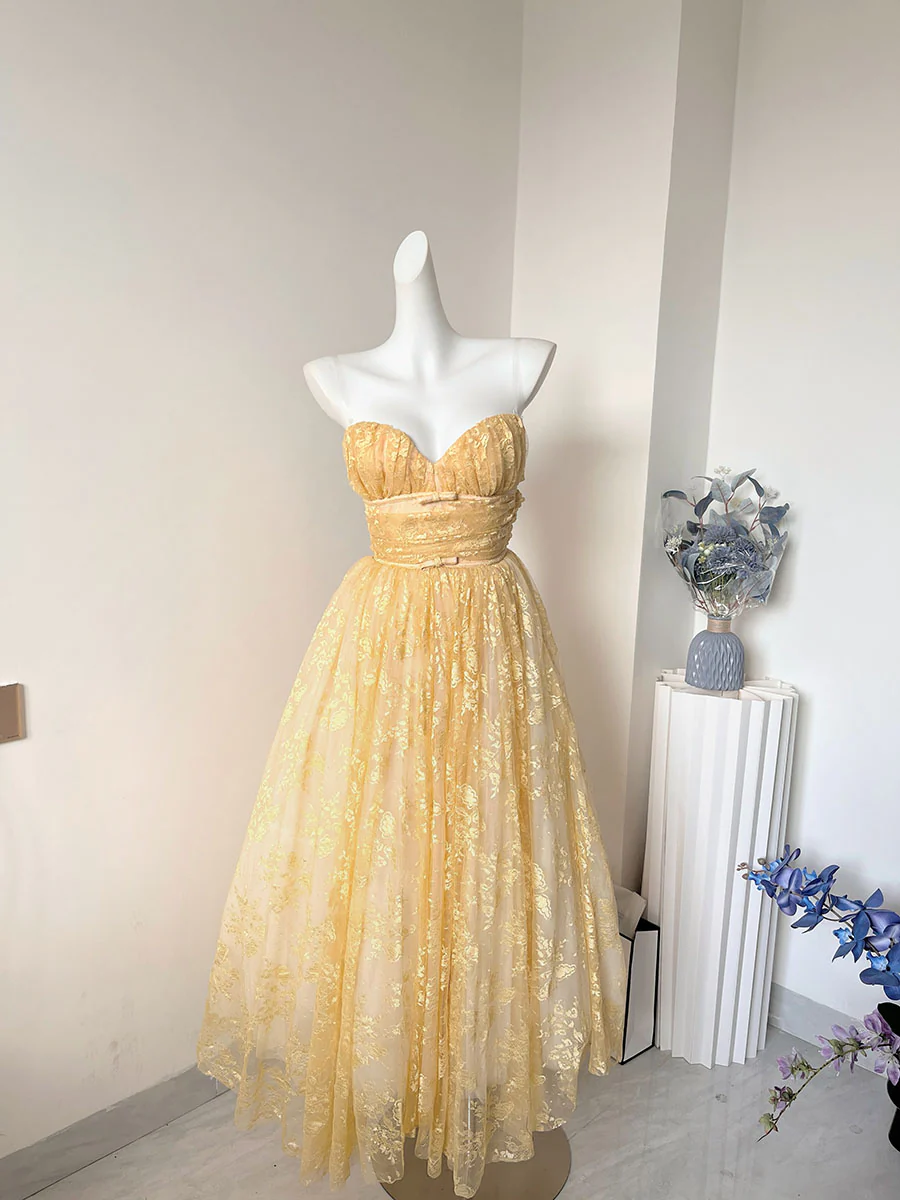 Pretty A Line Sweetheart Lace Yellow Formal Homecoming Dresses 21st Birthday Outfits Graduation Dress Cocktail Dresses DH2463 - Deanwangkt