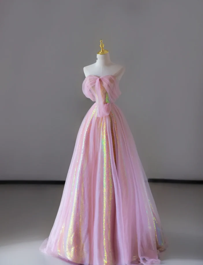 Gorgeous A Line Sweetheart Sleeveless Sequin Pink Long Prom Dresses Graduation Dresses DP522 - Deanwangkt