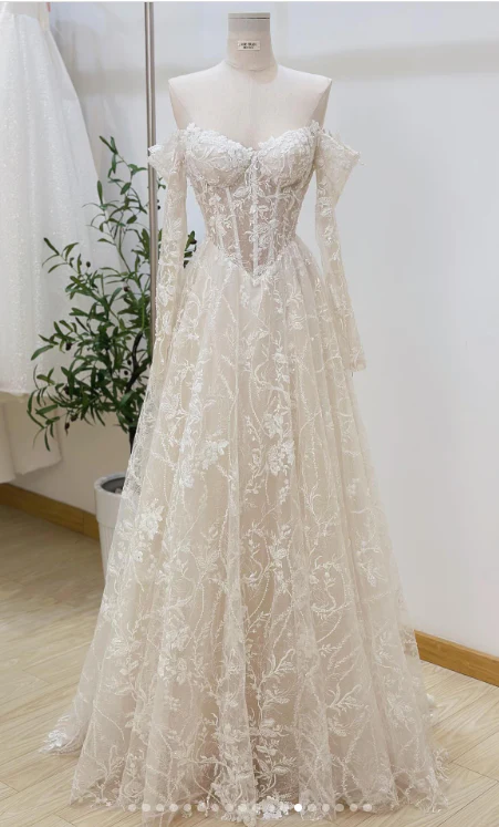 Timeless Bridal Gown Ball Gown Off The Shoulder White Lace Appliques Long Sleeves Wedding Dresses Elegant Bridal Gowns DH952 - Deanwangkt