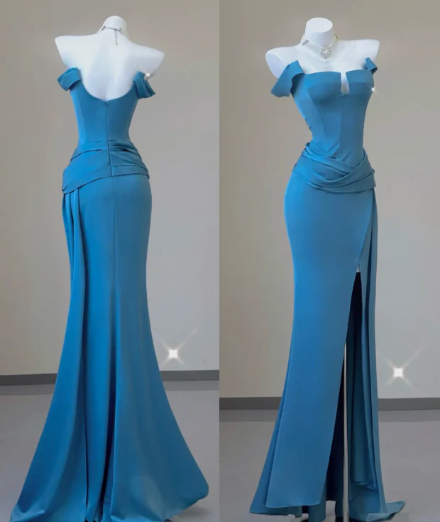 Classy Mermaid Strapless Blue Satin Evening Dress Long Prom Dresses P0009 - Deanwangkt
