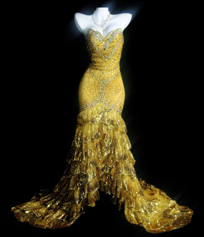 Elegant Sweetheart Mermaid Long Prom Dresses Tulle Sequin Yellow Evening Dresses DP3283 - Deanwangkt