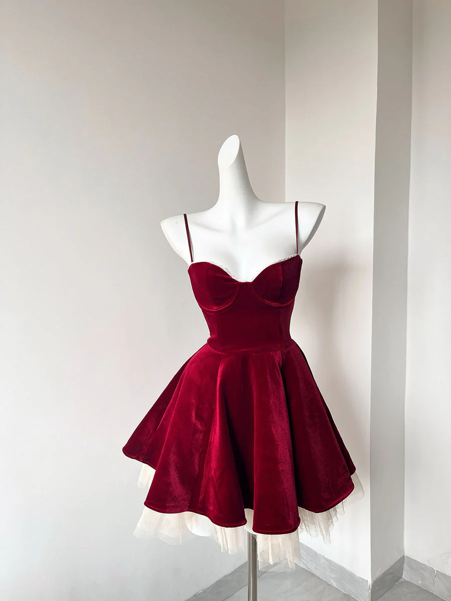 Pretty A line Spaghetti Straps Velvet Formal Homecoming Dresses Short 16th Birthday Outfits Graduation Dress Mini Cocktail Dresses DH2476 - Deanwangkt