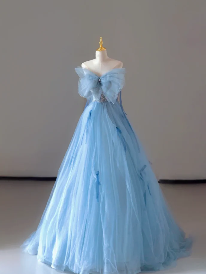 Pretty Ball Gown Strapless Blue Tulle l Sleeveless Long Prom Dresses Evening Dresses DP520 - Deanwangkt