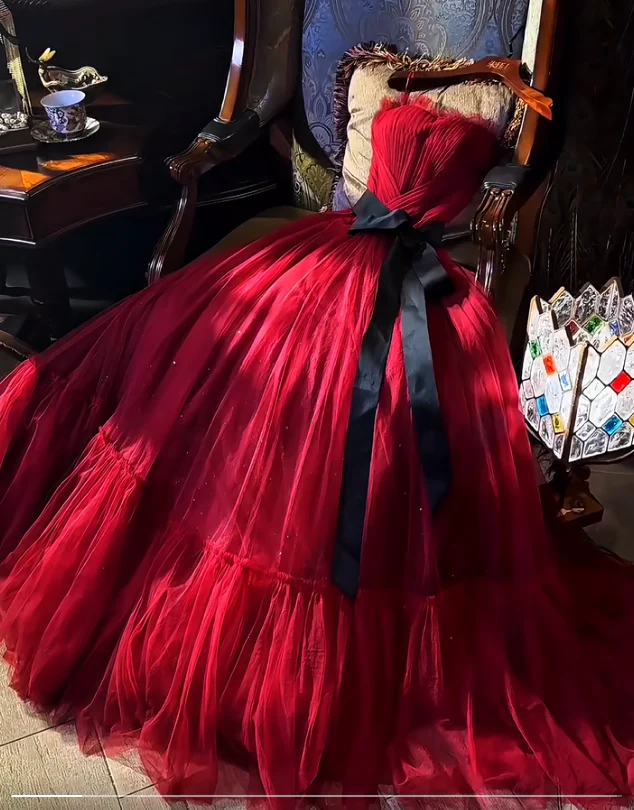 Elegant Strapless A-Line Tulle Long Formal Evening Dress Burgundy Sweet 16 Dress DP2908 - Deanwangkt