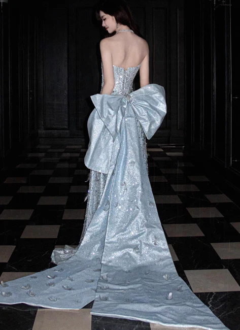 Modest Sheath Sweetheart Neck Evening Gown Tulle Sequins Formal Dress Stunning Long Prom Dresses DP2792 - Deanwangkt