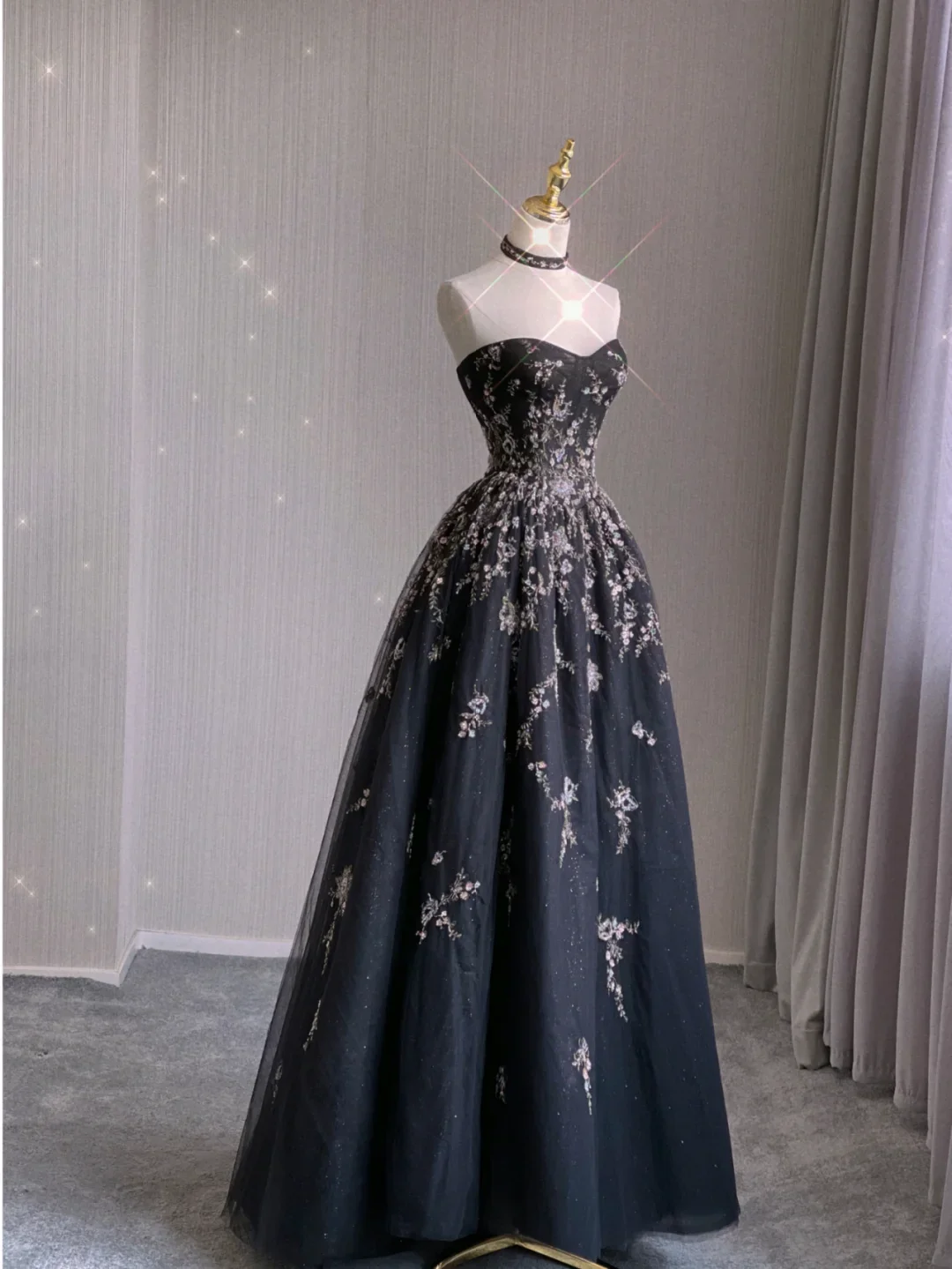 Pretty Ball Gown Strapless Black Tulle Long Prom Dresses Evening Dresses DP365 - Deanwangkt