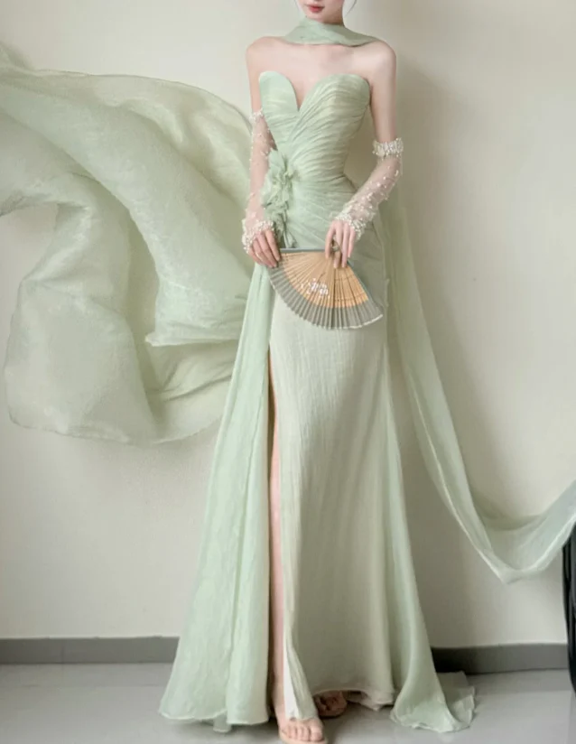 Elegant Sweetheart Sheath Chiffon Long Prom Dresses, Green Formal Evening Dresses DP3118 - Deanwangkt