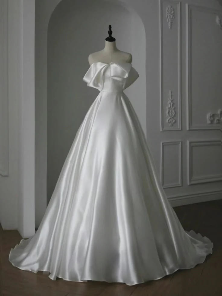 Simple Wedding Gown Bridal Dress A Line Strapless Wedding Dress White Satin Wedding Dresses Modest Wedding Gowns DH1785 - Deanwangkt