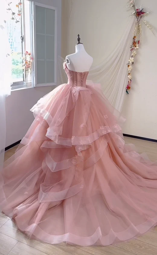Gorgeous Strapless Ball Gown Tulle Applique Long Prom Dresses Pink Quinceanera Dress Sleeveless Sweet 16 Dresses DP3275 - Deanwangkt
