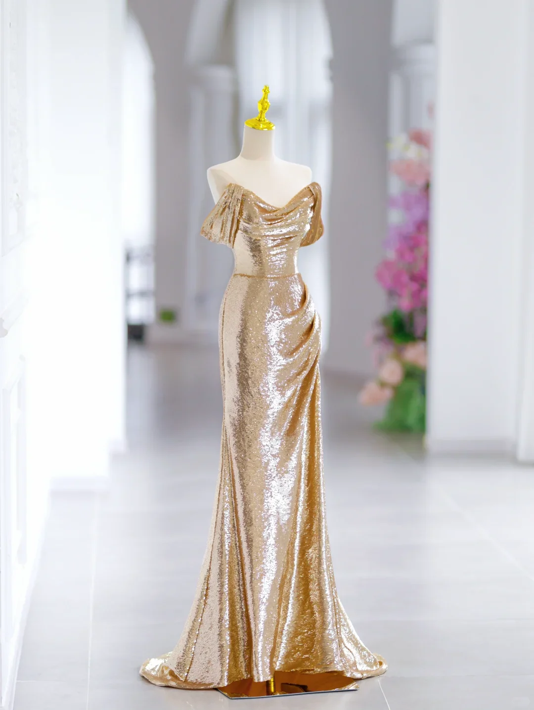 Modest Mermaid Off The Shoulder Gold Sequin Long Evening Party Gowns Evening Dress Special Formal Dresses Prom Dress DH2791 - Deanwangkt