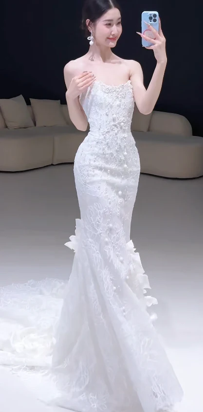 Timeless Strapless Mermaid Long Wedding Dresses Lace Applique White Bridal Gowns DP3302 - Deanwangkt