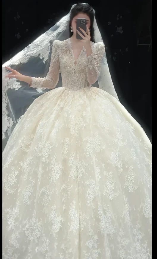 Luxury Ball Gown Long Wedding Dresses Lace Applique White Bridal Gowns Long Sleeve Bridal Dresses DW3792 - Deanwangkt