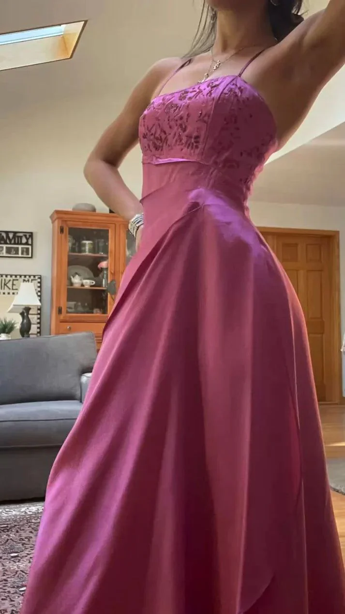 Classy Fuchsia Spaghetti Straps Satin A-Line Beaded Long Prom Dress Bridesmaid Dresses Long formal Dress DP488 - Deanwangkt