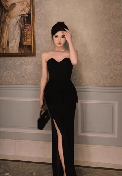 Modest Sheath Sweetheart Neck Long Evening Gown Black Formal Dress Elegant Birthday Dress DP2797 - Deanwangkt