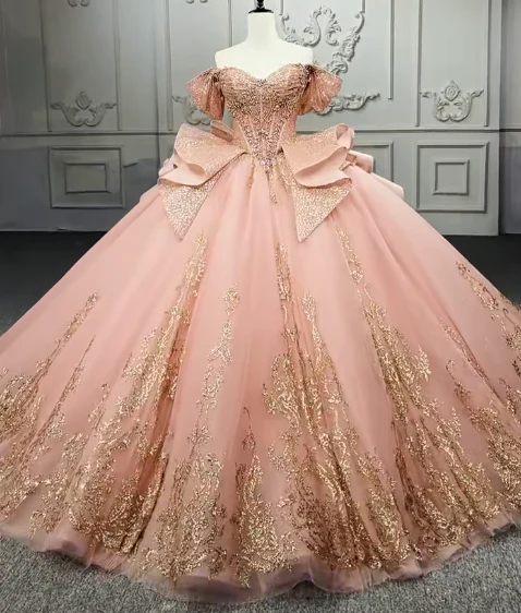 Gorgeous Off-the-Shoulder Ball Gown Tulle Beaded Applique Long Prom Dresses, Peach Quinceanera Dresses DP03044 - Deanwangkt