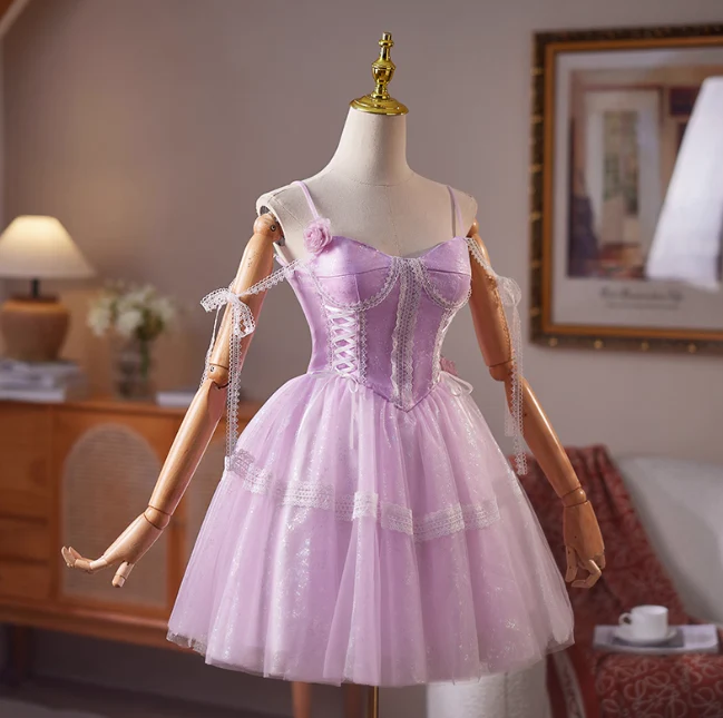 Gorgeous Spaghetti Strap A-Line Tulle Short Prom Dresses, Purple Homecoming Dresses DP3137 - Deanwangkt