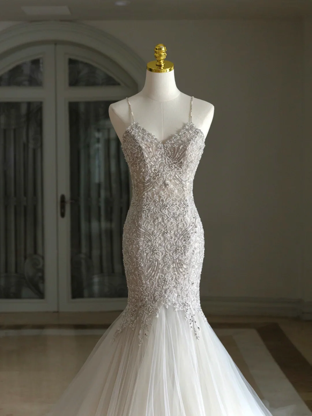 Luxury Mermaid Spaghetti Straps Lace White Wedding Dress Modest Wedding Dresses Princess Wedding Gowns DH1556 - Deanwangkt
