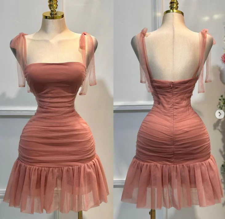 Cute Strap Sheath Short Party Dress Tulle Red Homecoming Dress DP2954 - Deanwangkt