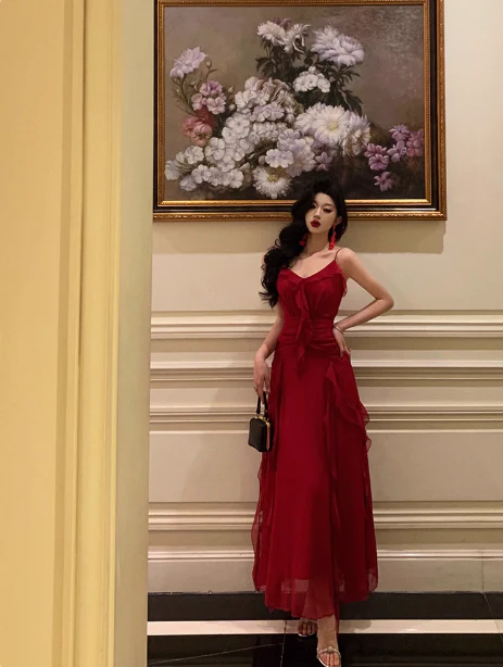 Classy A line Spaghetti Straps Red Sleeveless 18th Birthday Dress Party Gown 21st Birthday Outfits Birthday Dress Ideas For Women DP564 - Deanwangkt