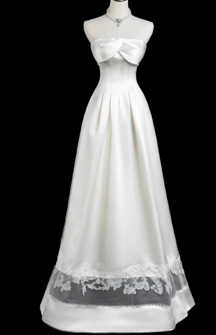 Modest A-Line Strapless Bridal Dress White Satin Long Wedding Dress Elegant Lace Applique Bridal Gowns DP2814 - Deanwangkt