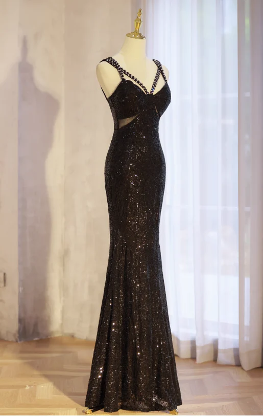 Elegant Black Mermaid Evening Gowns Spaghetti Strap Formal Dresses Spark Sequin Sleeveless Long Prom Dresses DH2697 - Deanwangkt