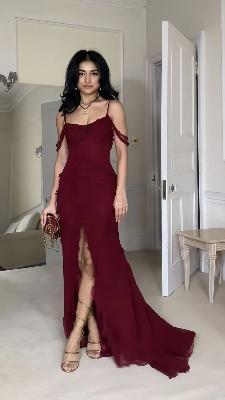 Classy Mermaid Spaghetti Straps Burgundy Prom Dresses Formal Summer Wedding Guest Dresses Wedding Guest Outfits DP736 - Deanwangkt