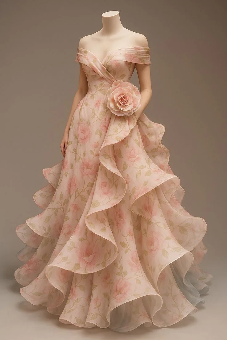 Pretty Ball Gown Off The Shoulder Pink Floral Long Quinceanera Dress Formal Short Sleeves Flowers Vestido De 15 Anos Sweet 16 Dress W0290 - Deanwangkt