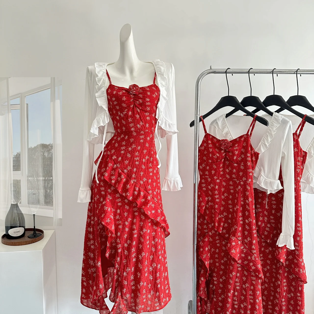 Sexy A Line Spaghetti Straps Floral Red Summer Dress Holiday Party Outfits For Women DP0128 - Deanwangkt