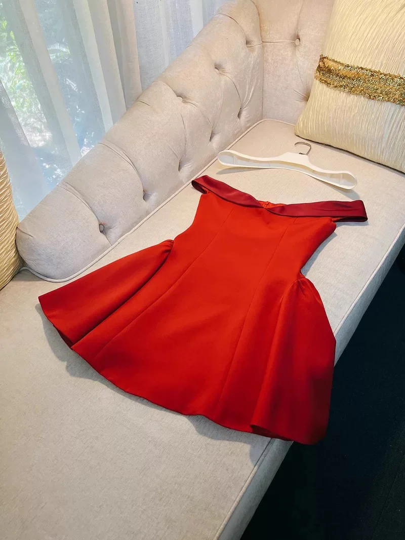 Trendy A line Off The Shoulder Satin Red Formal Short 8th Grade Homecoming Dress Summer Middle School Hoco Dresses Birthday Outfits W934 - Deanwangkt