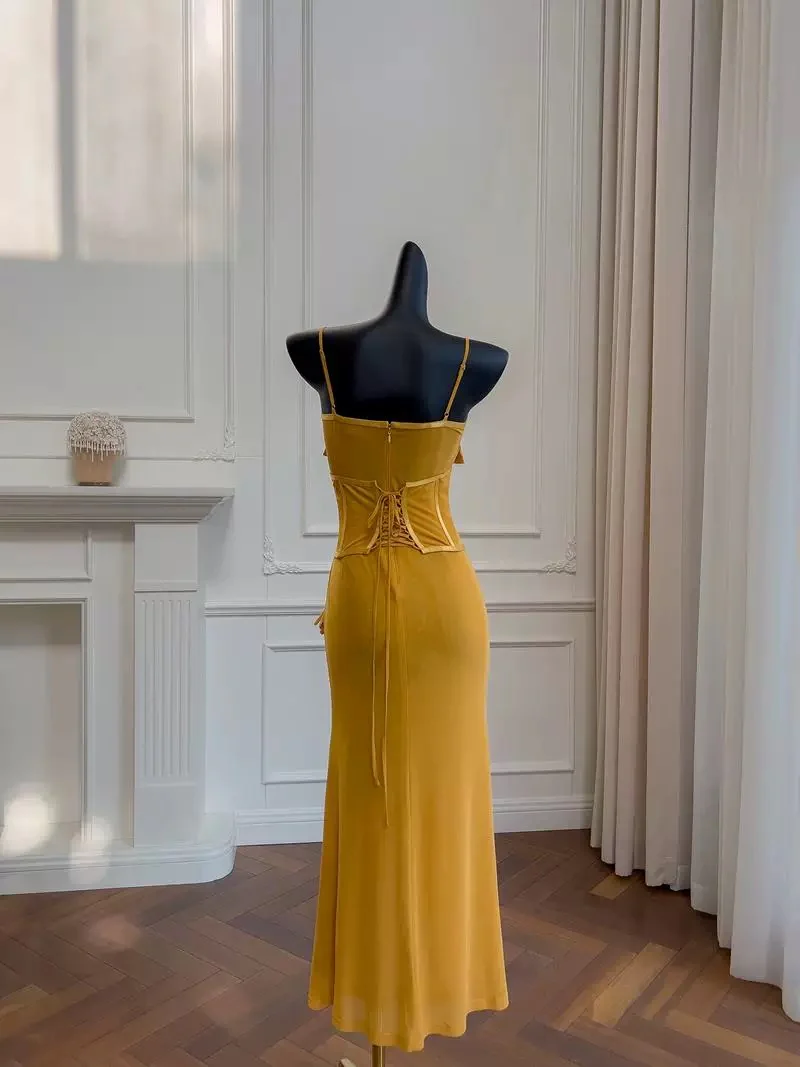Elegant Mermaid Spaghetti Straps Yellow Sleeveless Long Evening Party Gowns Evening Formal Dresses Prom Dress W923 - Deanwangkt