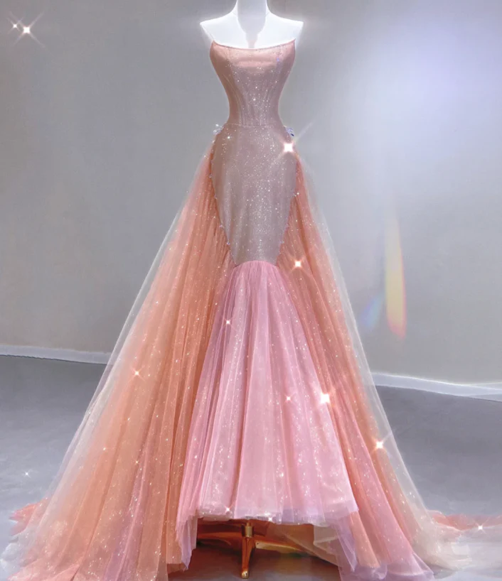 Classy Mermaid Strapless Sequin Long Pink Prom Dresses Graduation Dress High School Classy Evening Dresses DP402 - Deanwangkt