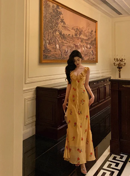 Cute A line V Neckline Yellow Floral Sleeveless 18th Birthday Dress Party Gown Birthday Outfits For Women DP0208 - Deanwangkt