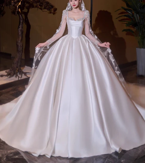 Princess Bridal Dress Ball Gown Satin White Beads Long Wedding Dress Modest Long Sleeve Bridal Gowns DP2771 - Deanwangkt