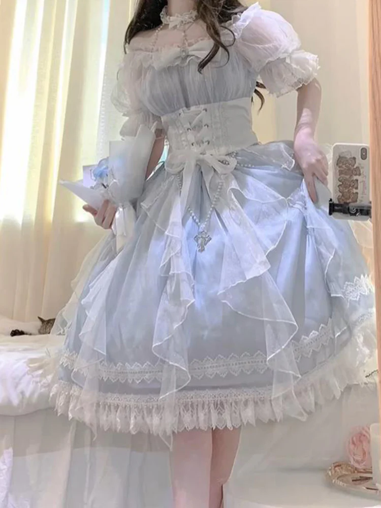 Vintage Ball Gown Off The Shoulder Blue Short Summer Holiday Dresses 16th Birthday Dress Lolita Dress White Birthday Outfits W1014 - Deanwangkt