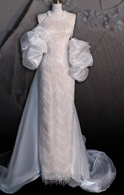 Modest White Bridal Dress Ball Gown Round Neck Tulle Beads Long Wedding Dress Elegant Tassel Sequins Bridal Gowns DP2812 - Deanwangkt