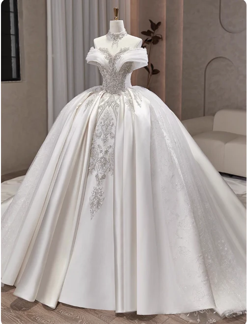 Modest Ball Gown Off-the-shoulder Bridal Dress White Tulle Long Wedding Dress Elegant Beading Applique Bridal Gowns DP2817 - Deanwangkt
