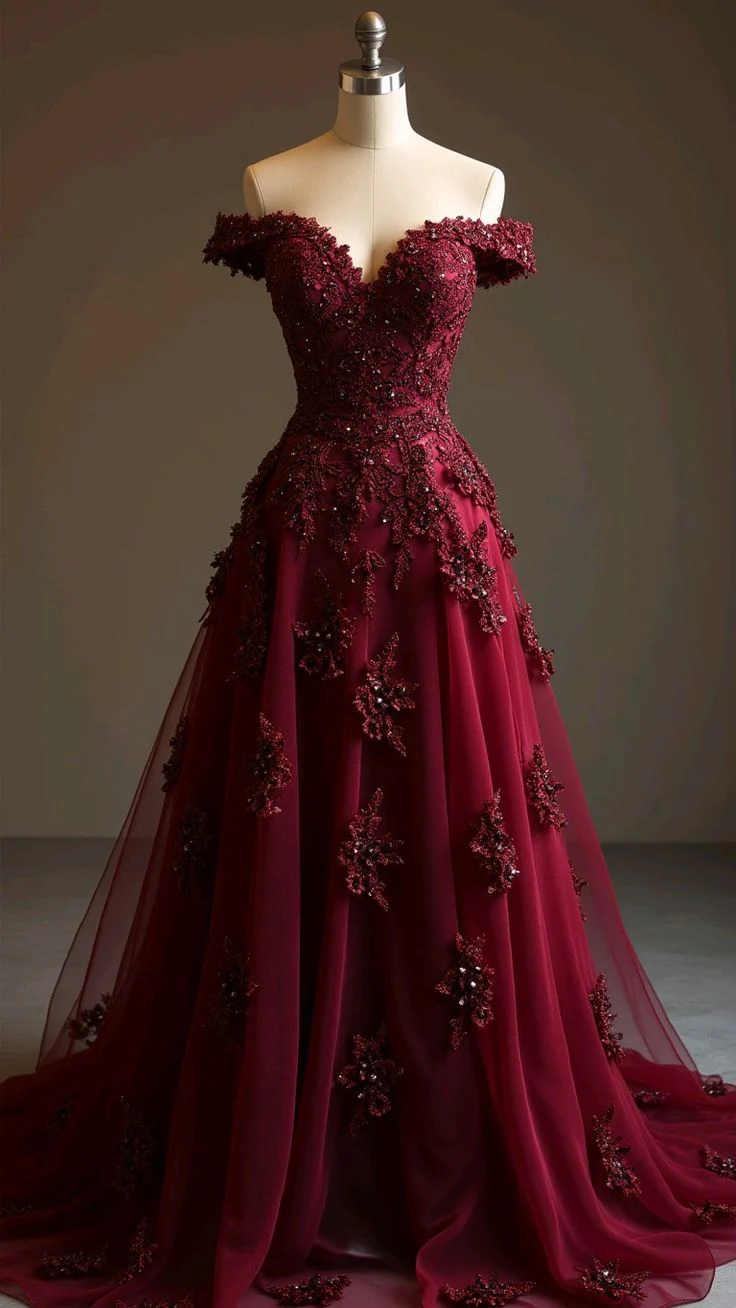 Pretty Ball Gown Off The Shoulder Burgundy Tulle Long Quinceanera Dress Formal Flowers Vestido De 15 Anos Sweet 16 Dress W0308 - Deanwangkt