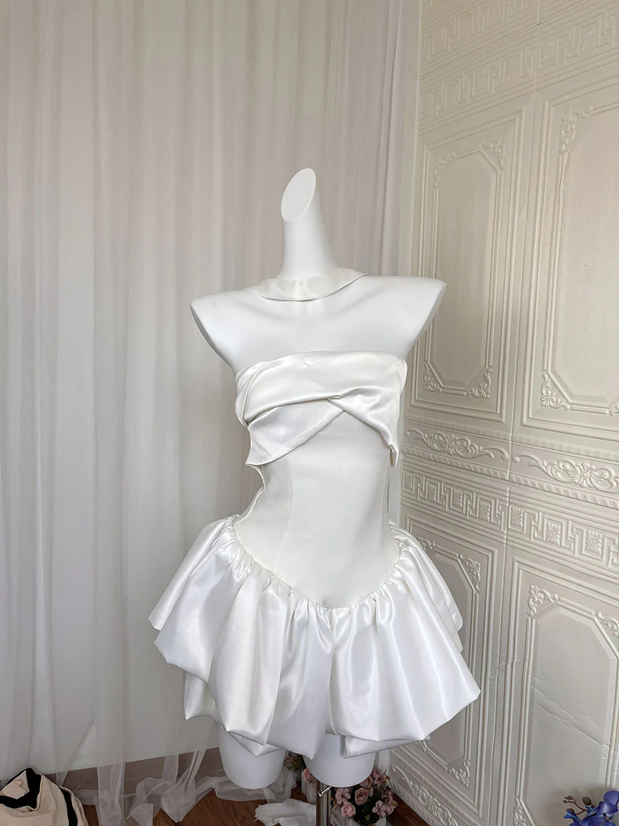 Pretty A Line Strapless White Satin Formal Homecoming Dresses 21st Birthday Outfits Graduation Dress Short Mini Night Cocktail Dresses DH2480 - Deanwangkt