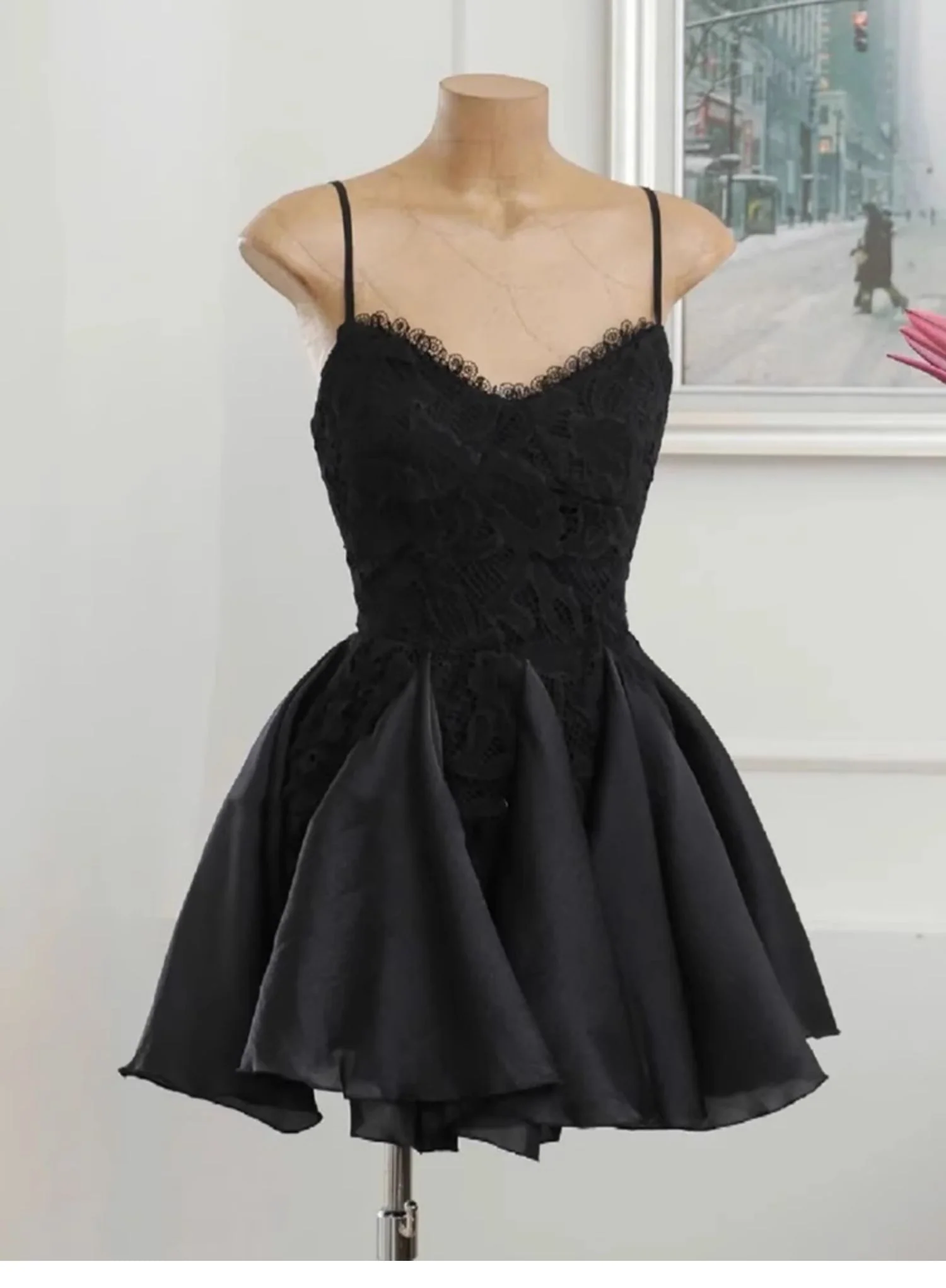 Simple A line Spaghetti Straps Black Lace Short Homecoming Dress Summer Hoco Dresses Cocktail Dress DP1763 - Deanwangkt